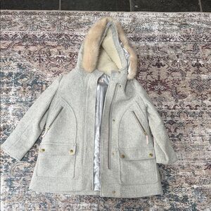 Crewcuts Light Gray Hooded Puffer with Faux Fur Trim